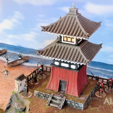 Küsten-Wachturm-Schlachtfeld mit Samurai-Miniaturen