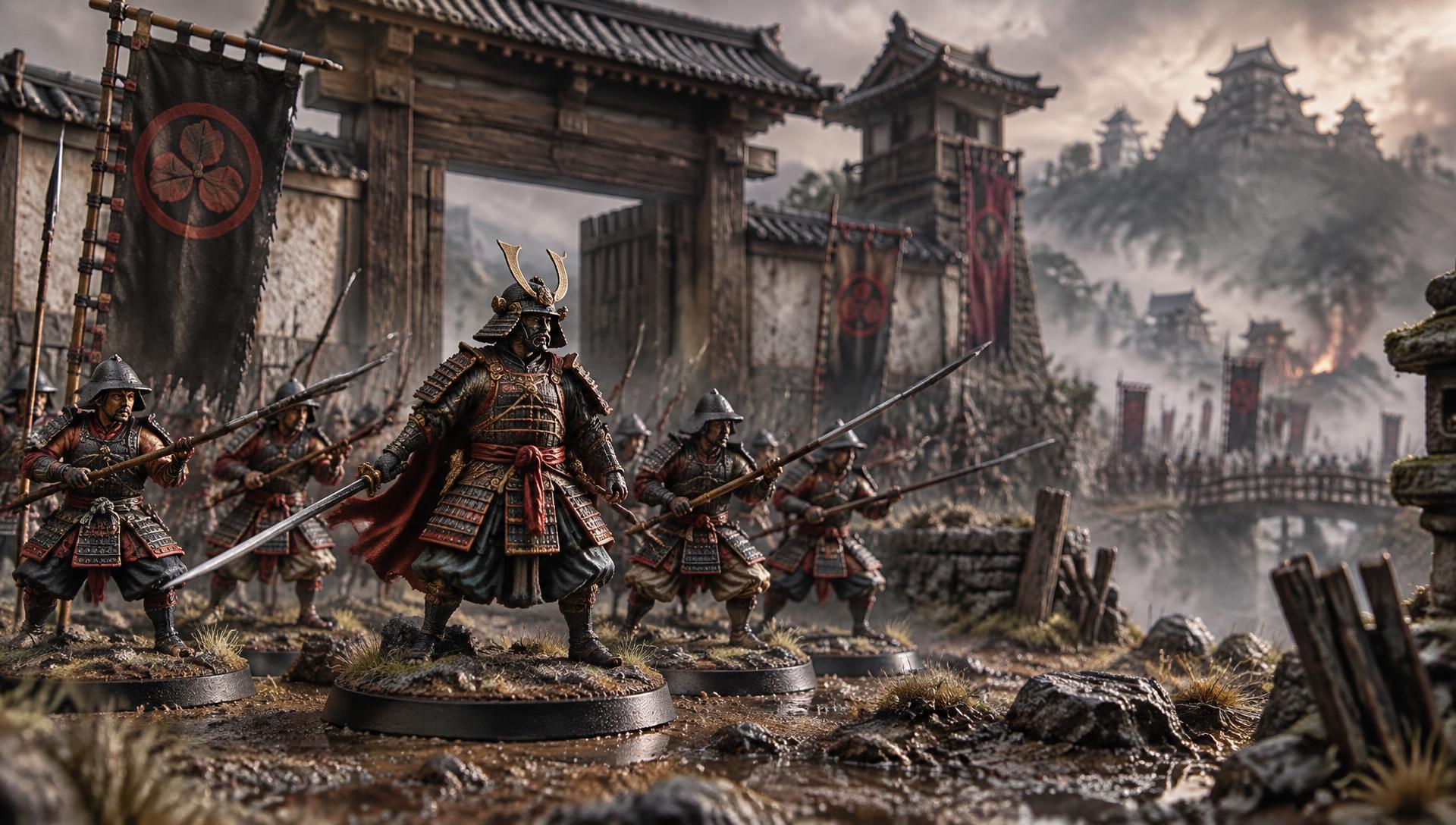 Bemalte Samurai-Miniaturen vor einem feudalen japanischen Burgtor
